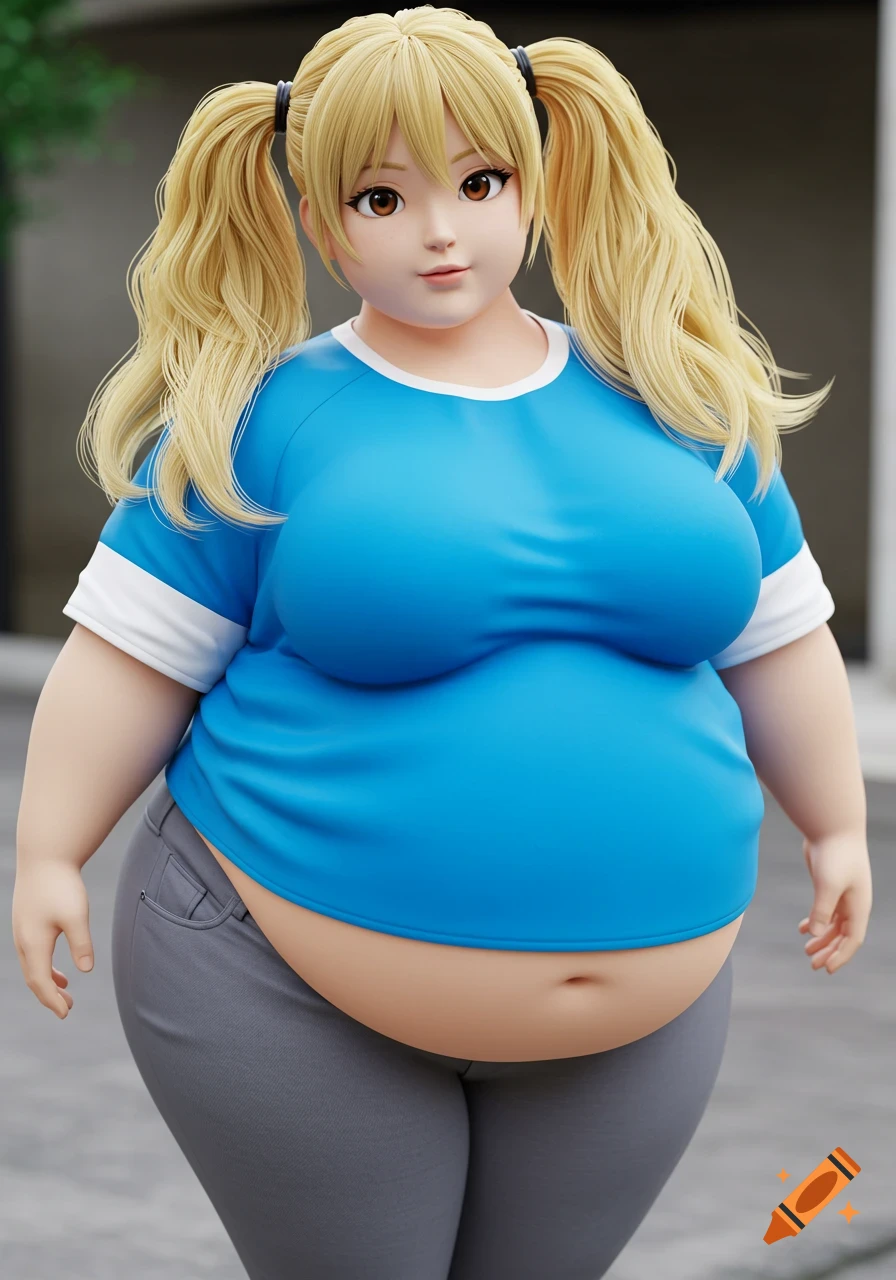 Full body shot of an obese female character with blonde twintails, wearing a blue shirt and grey pants, in a photorealistic 3D rendering.