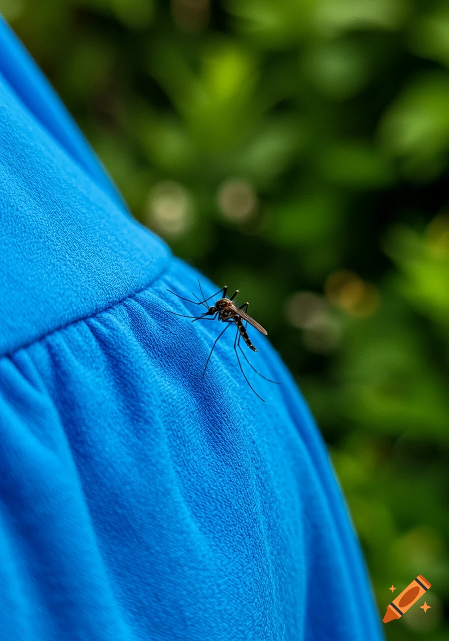 Macro photograph of a mosquito sitting on blue fabric.