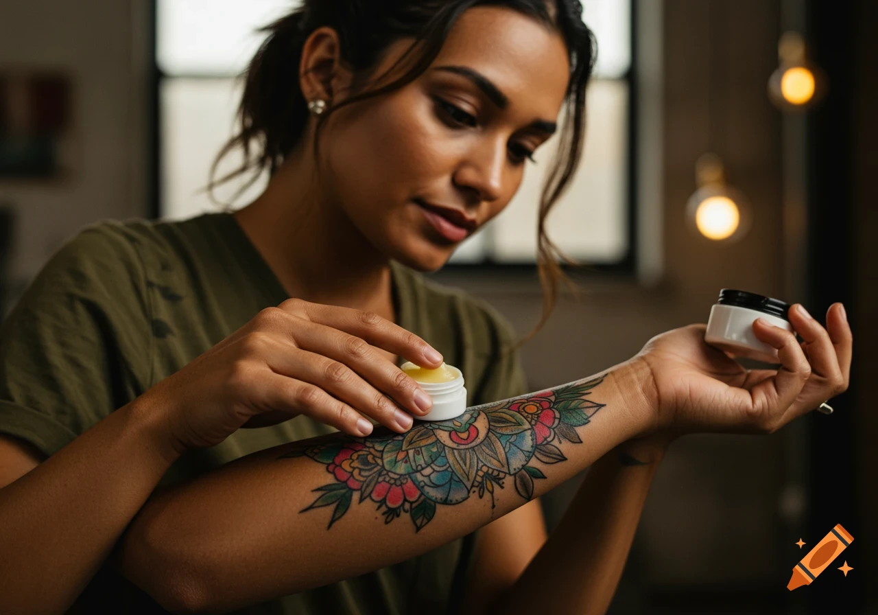 Woman applying balm to a colorful arm tattoo
