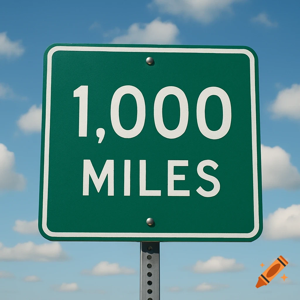 Green road sign with white text '1,000 MILES' against a blue sky with clouds.