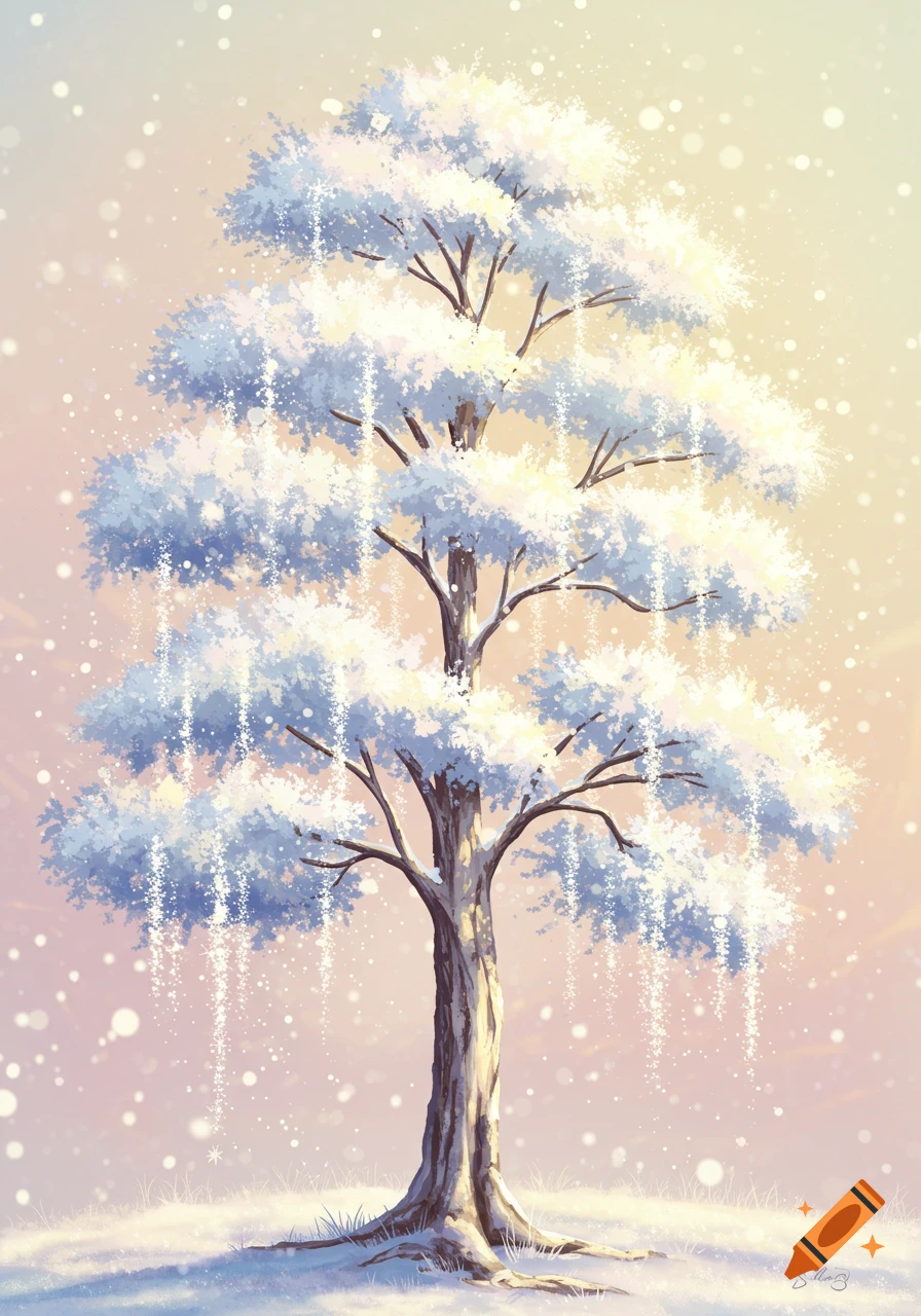 Illustration of a snowy tree in soft winter light with sparkling snow falling.