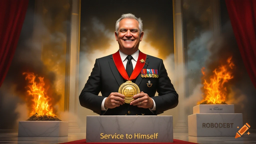 Man in suit with large medal stands before pedestal with text 'Service to Himself', flanked by burning platforms.