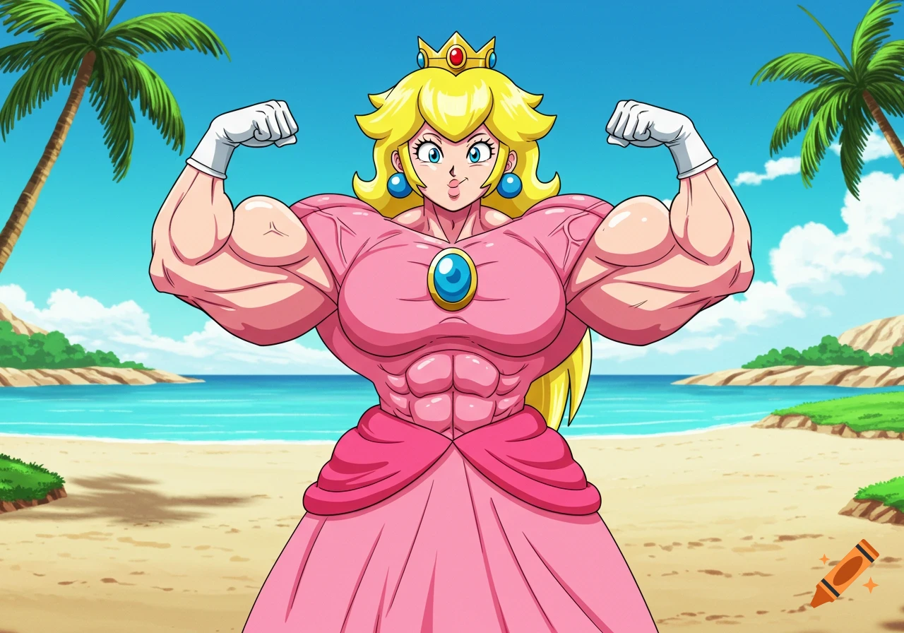Anime style illustration of buff Princess Peach flexing her large arm muscles on a beach.