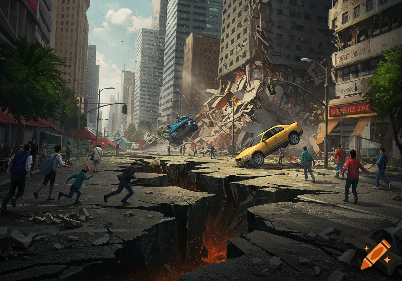 Urban street scene during a devastating earthquake with a large ground crack, collapsing buildings, falling cars, and people fleeing.