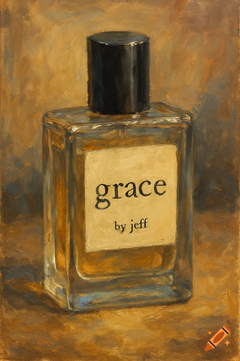 An oil painting of a cologne bottle with 'grace by jeff' on the label.