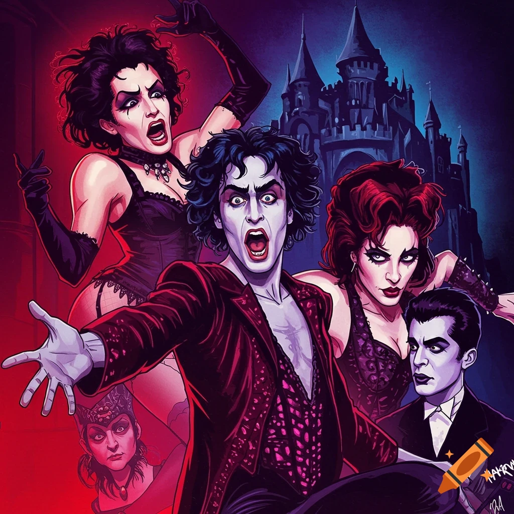 Illustration of characters from Rocky Horror Picture Show in dramatic poses with a castle background.