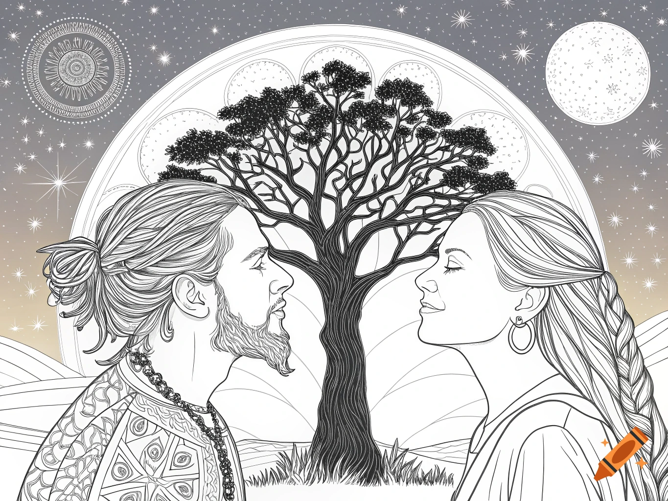 Black and white coloring page of a man and woman facing each other with a tree and moon behind them.