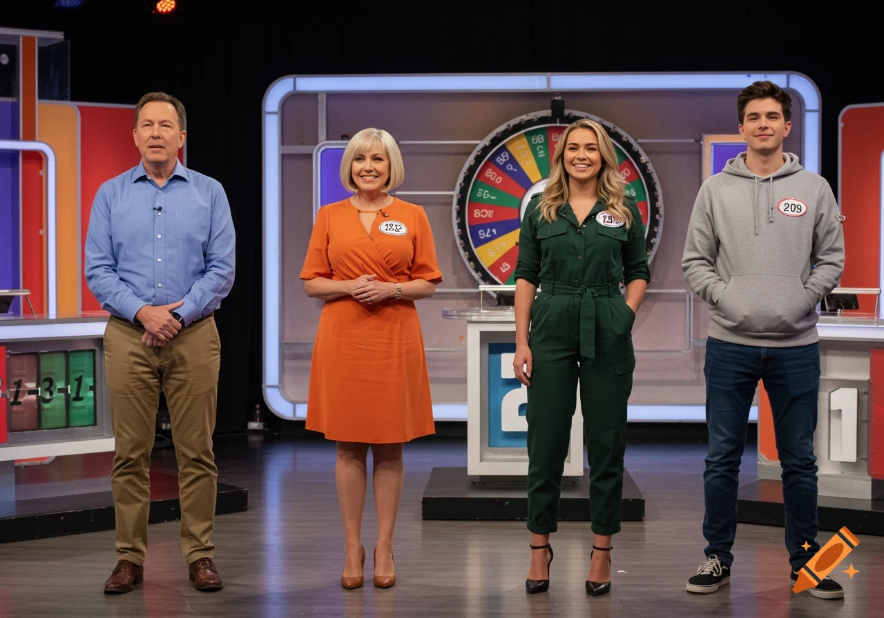Four contestants stand on a game show stage with a prize wheel