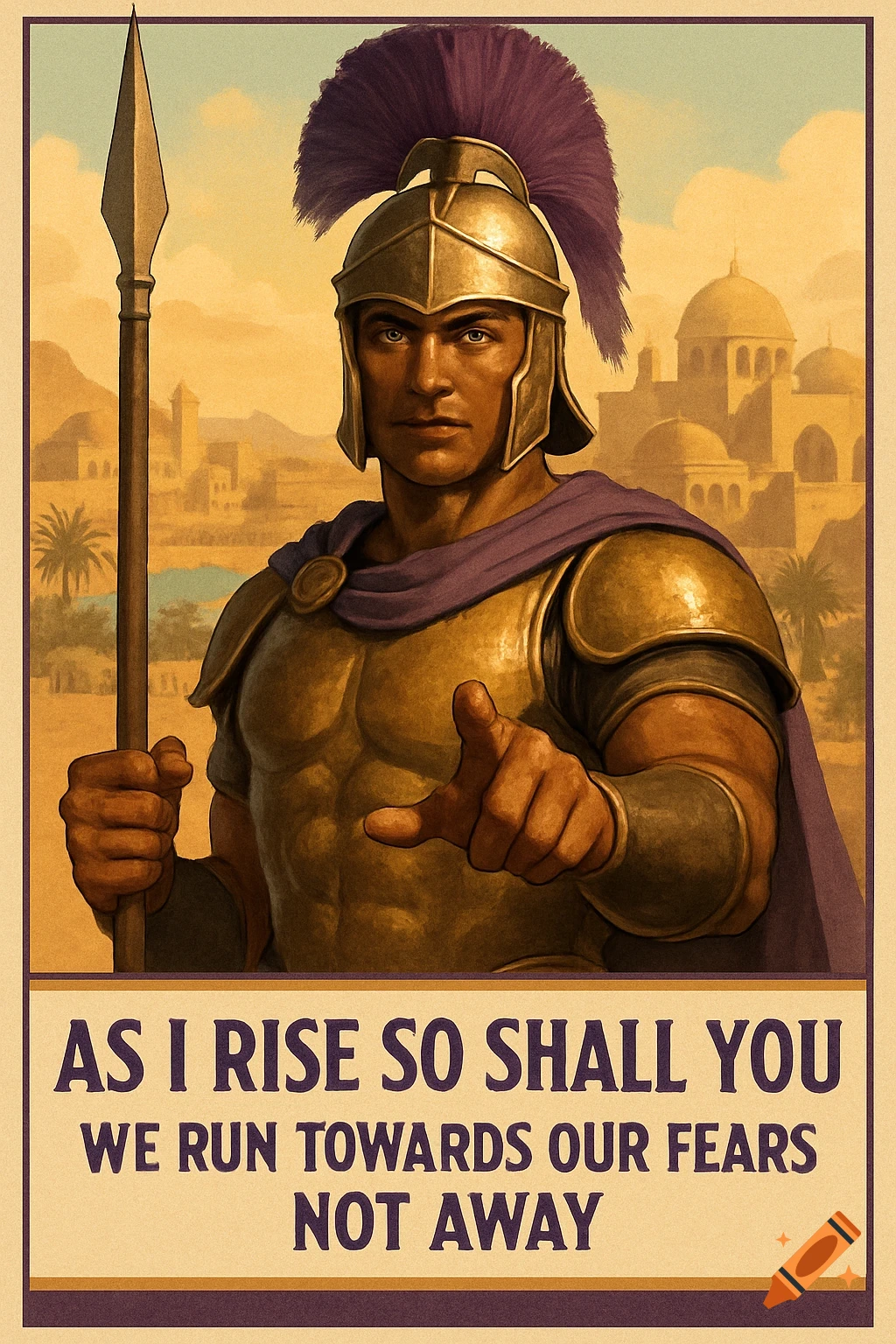Vintage-style recruitment poster of an ancient soldier in gold armor pointing forward, with text overlay.