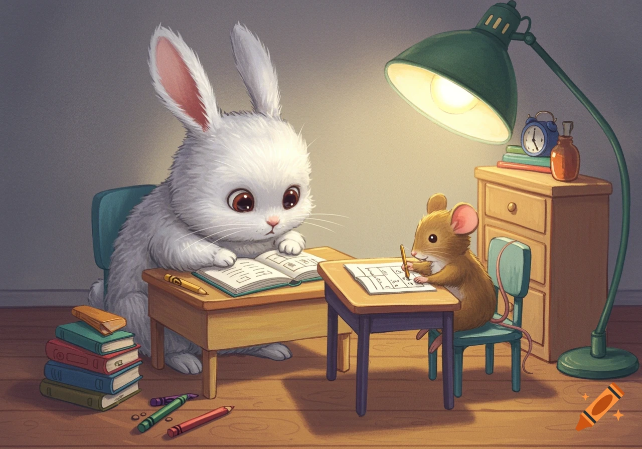 A cute rabbit and mouse sit at desks doing homework under a lamp in a ...