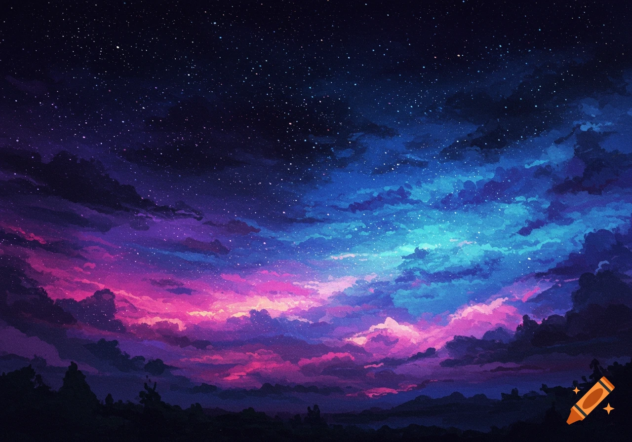 A starry night sky with vibrant pink, purple, and blue clouds over a dark landscape silhouette.