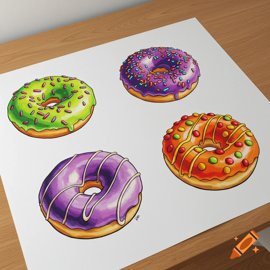 Four pop art style donuts on paper on a wooden table