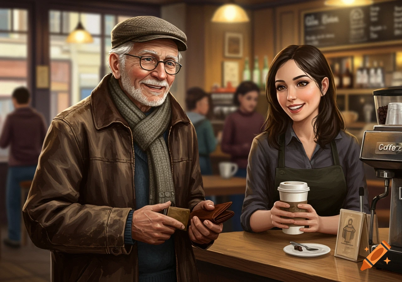 An old man stands at the counter of a coffee shop talking to a female barista.
