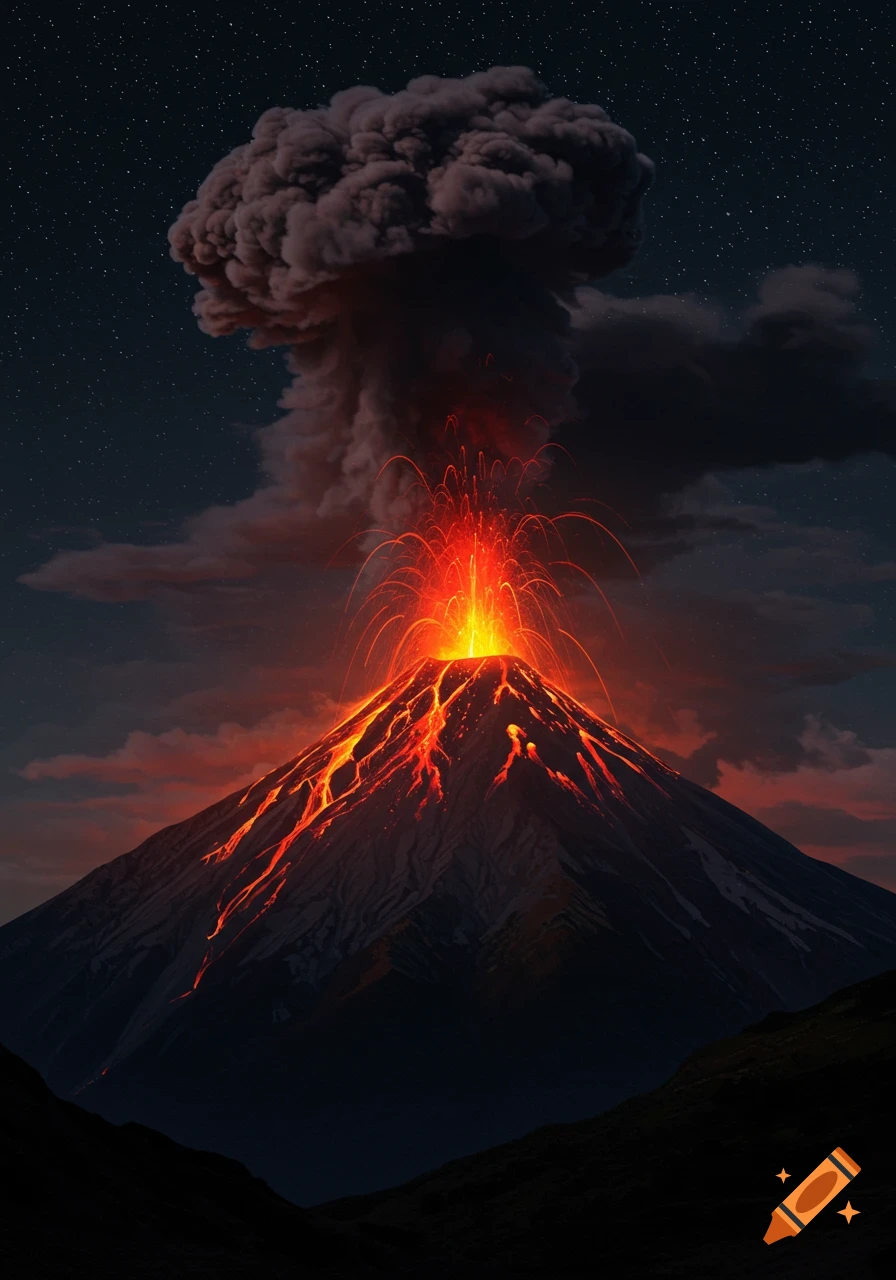 Volcano erupting at night with lava flowing down the sides and smoke rising into a star-filled sky.