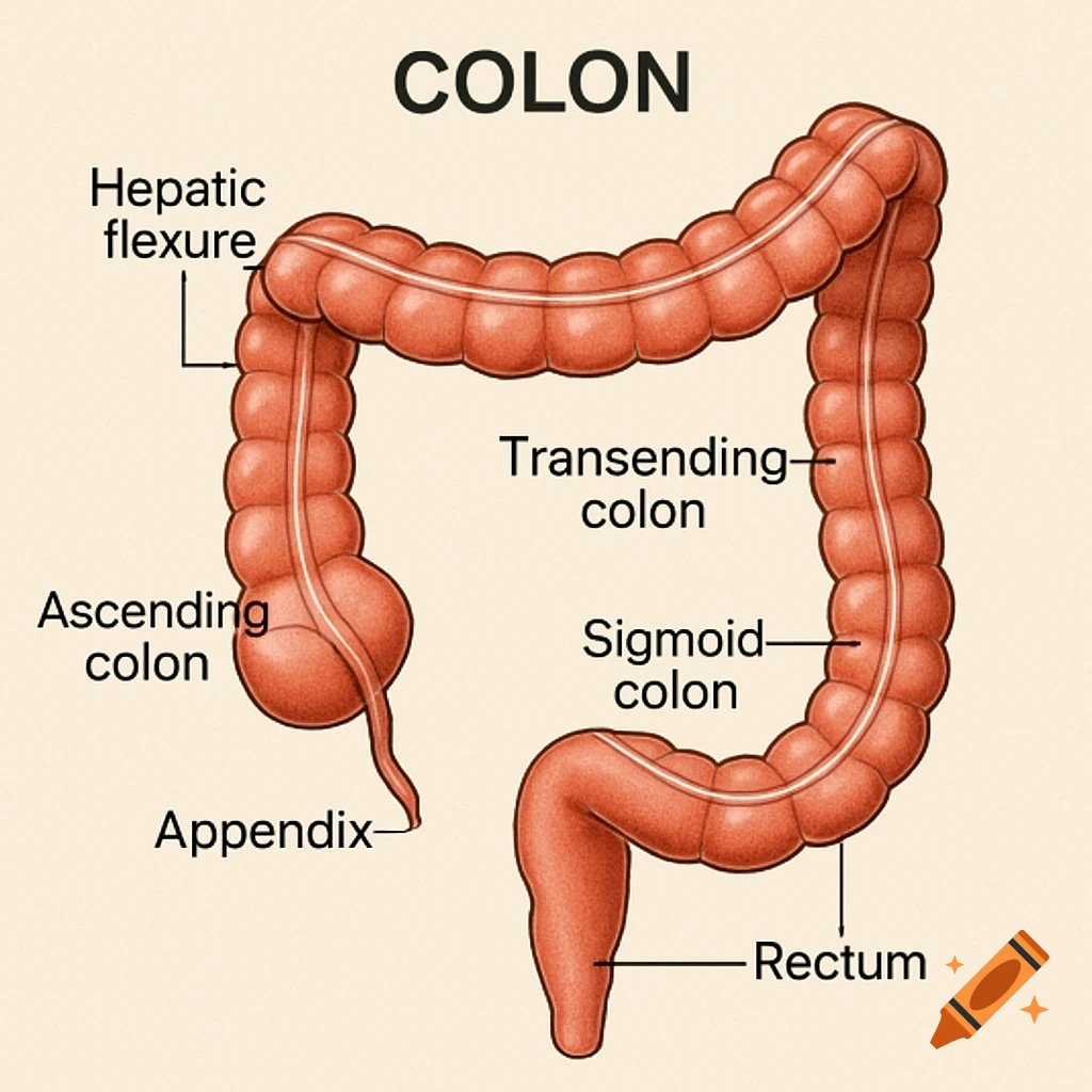 Anatomical illustration of the human colon with parts labeled