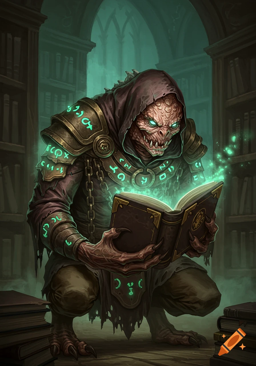 A fearsome monster with glowing eyes and rune-etched armor is hunched over, reading a glowing magical book in a dark library.