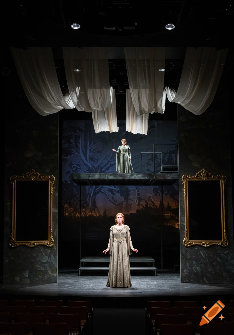 Two women in medieval dresses on a theatre stage with a backdrop, mirrors, and hanging sheer fabric.
