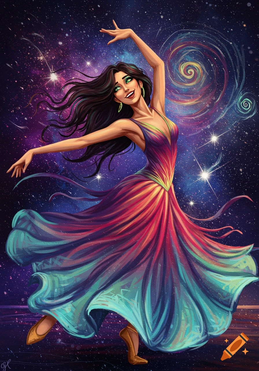A woman in a flowing, colorful dress dances in space among stars and nebulae, digital art.
