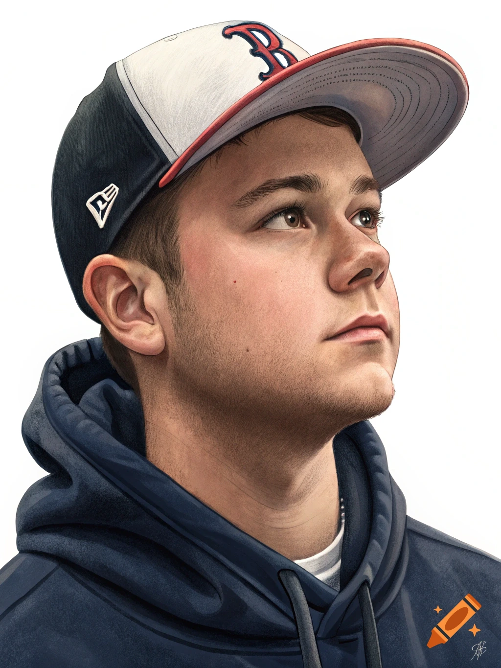 Close-up portrait of a young man wearing a baseball cap and hoodie ...