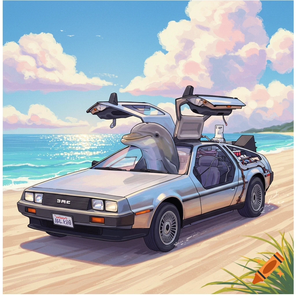An illustration of a dolphin sitting in a silver DeLorean car on a sunny beach.