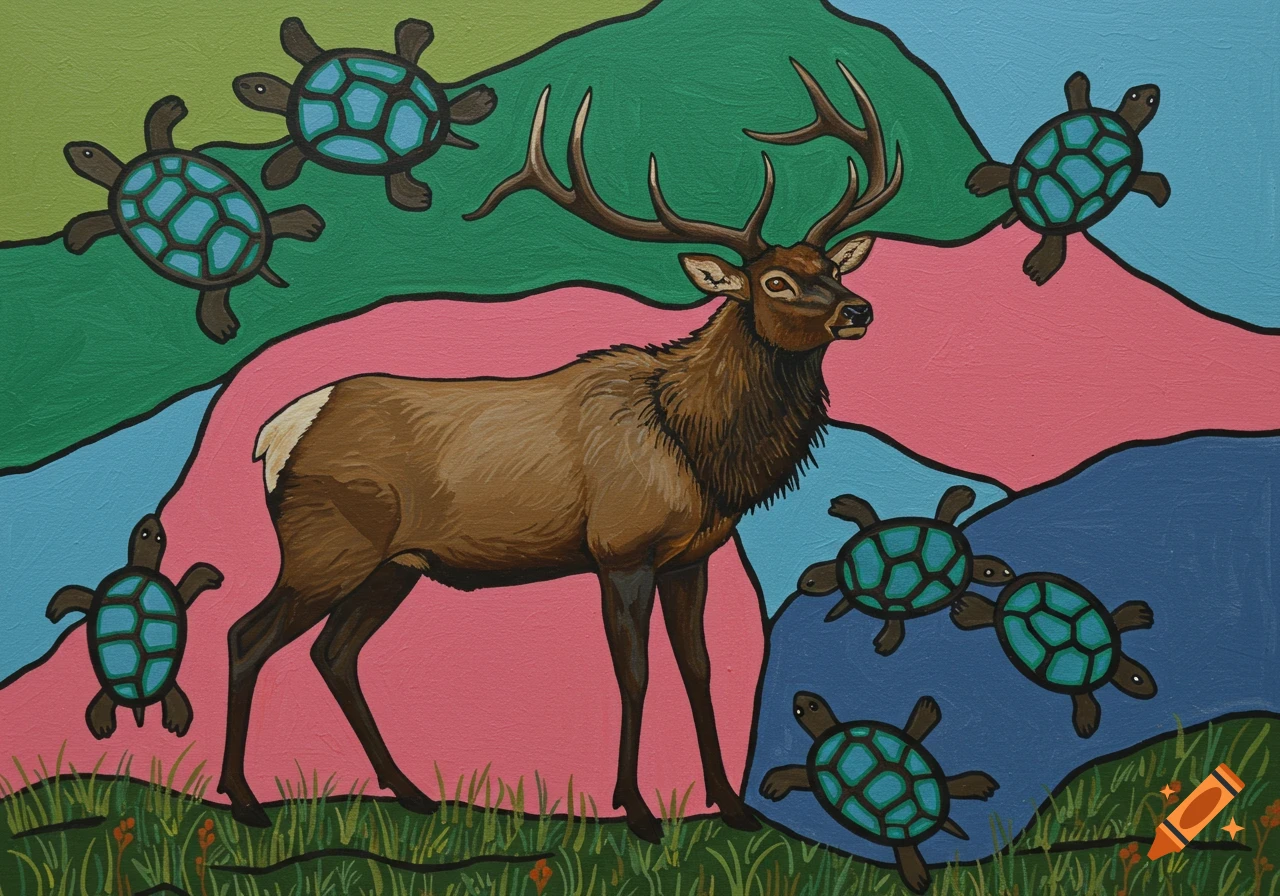 A large elk stands in a stylized landscape with several turtles in Norval Morrisseau art style.