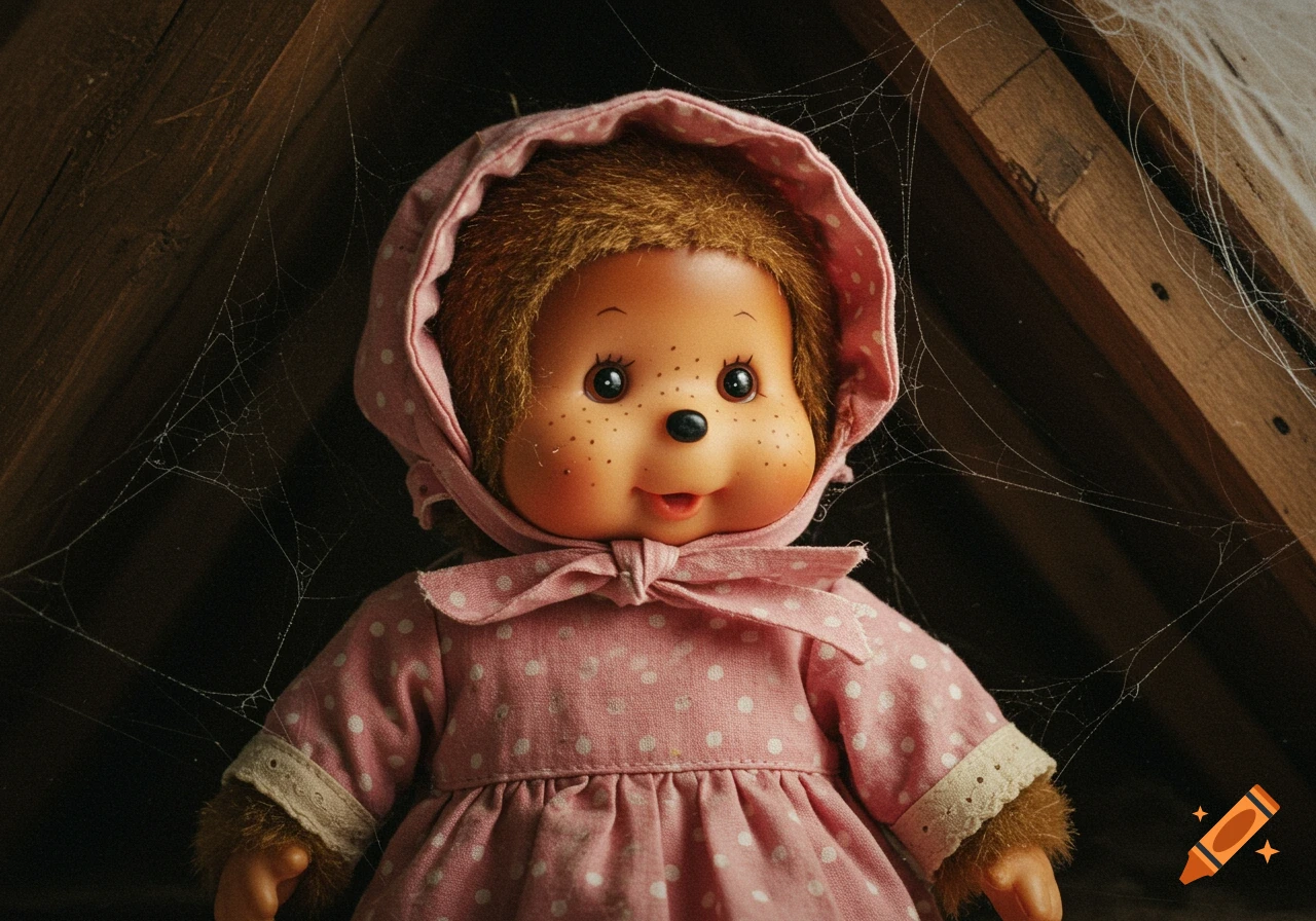 Close up of an old doll with brown fur and a pink polka dot dress and bonnet, covered in cobwebs in an attic.