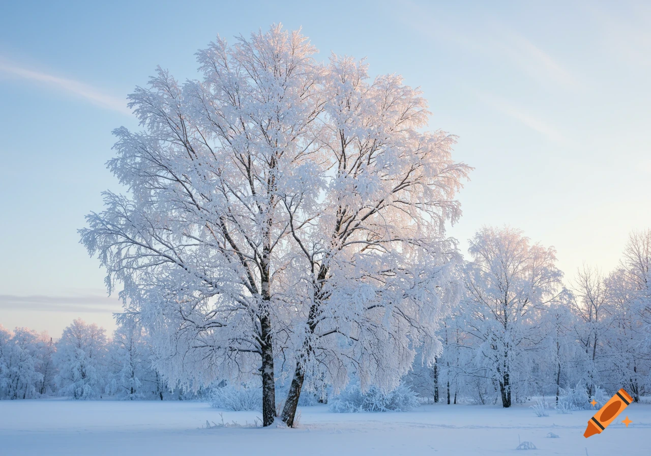 A large tree covered in snow and frost stands in a snowy field under a bright blue sky.