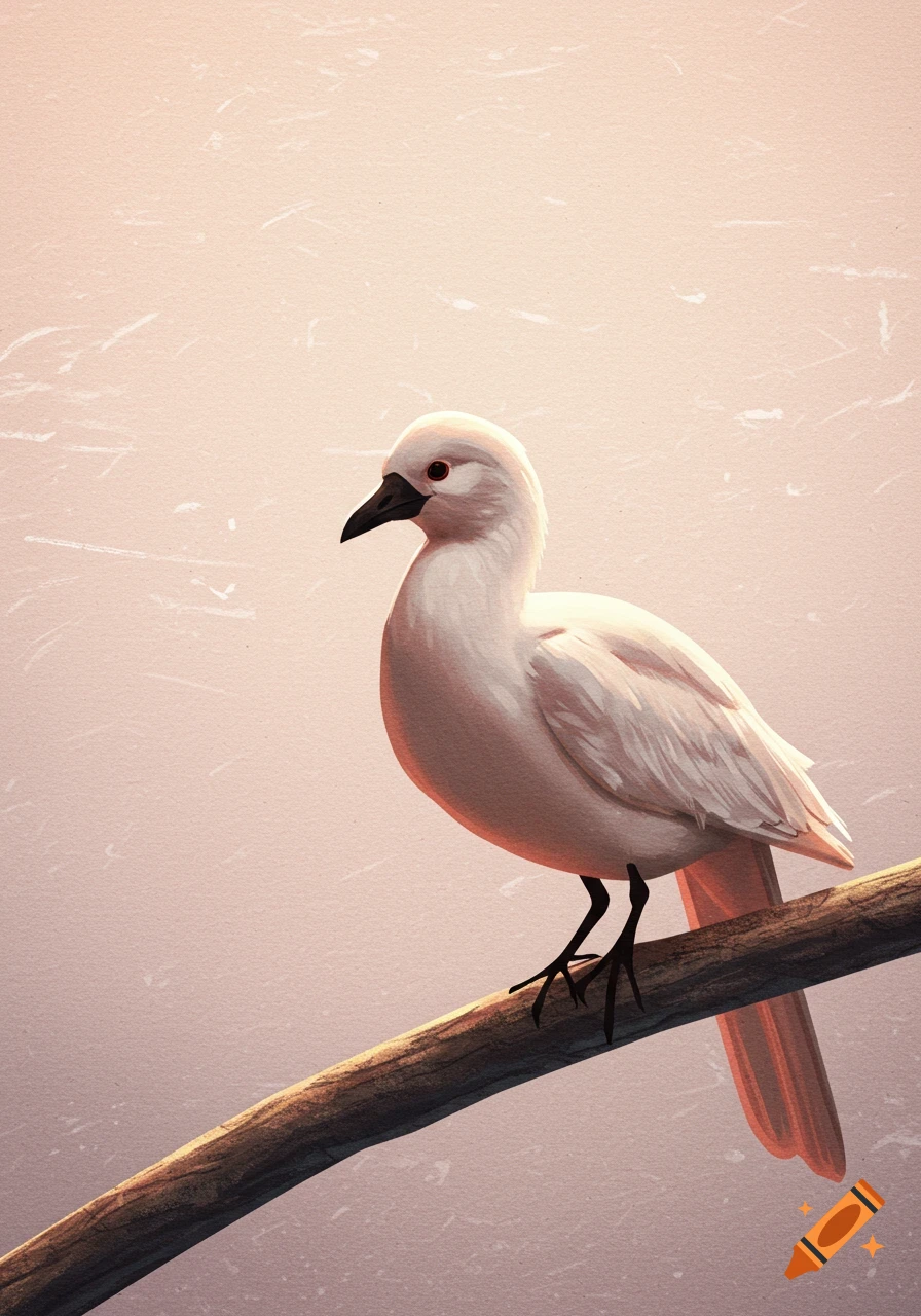 A white bird with red eyes sits on a branch against a pink background in watercolor style.