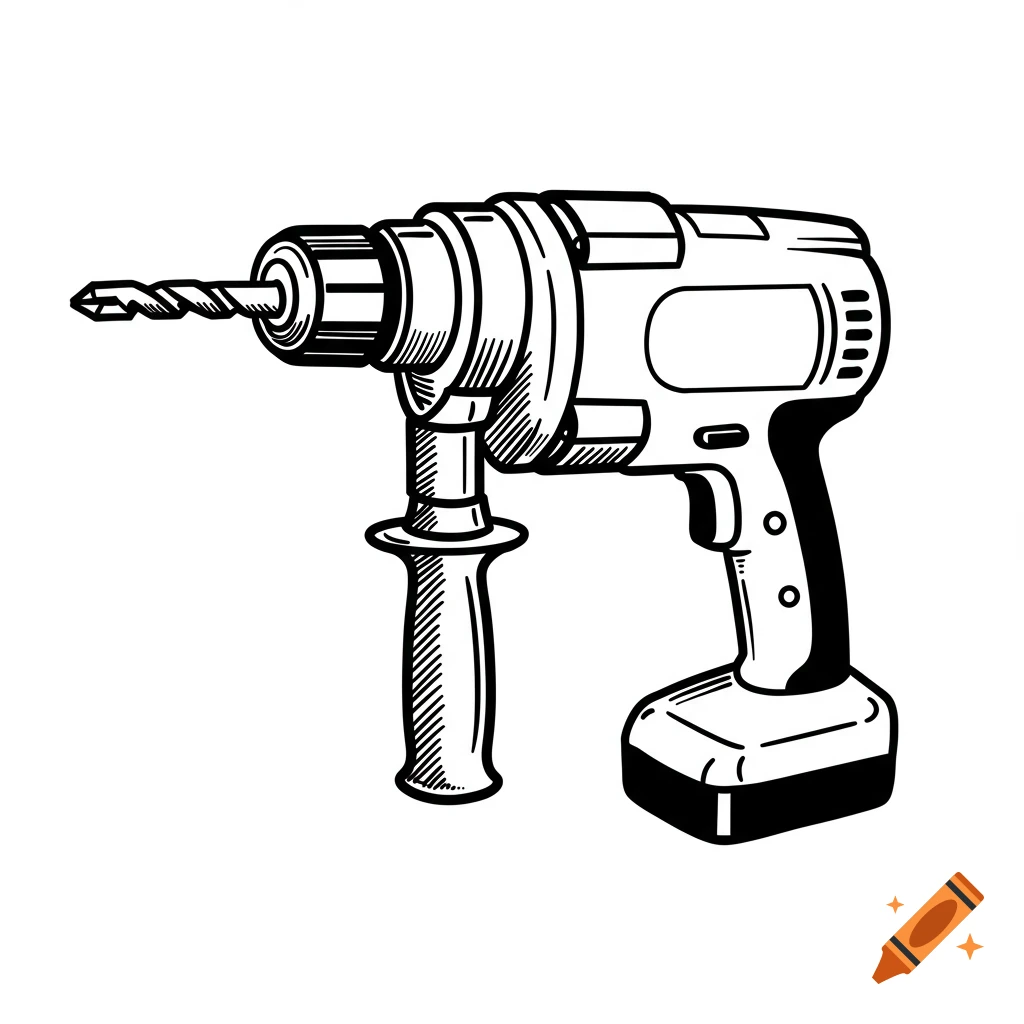 Black and white line drawing of a cordless drill.