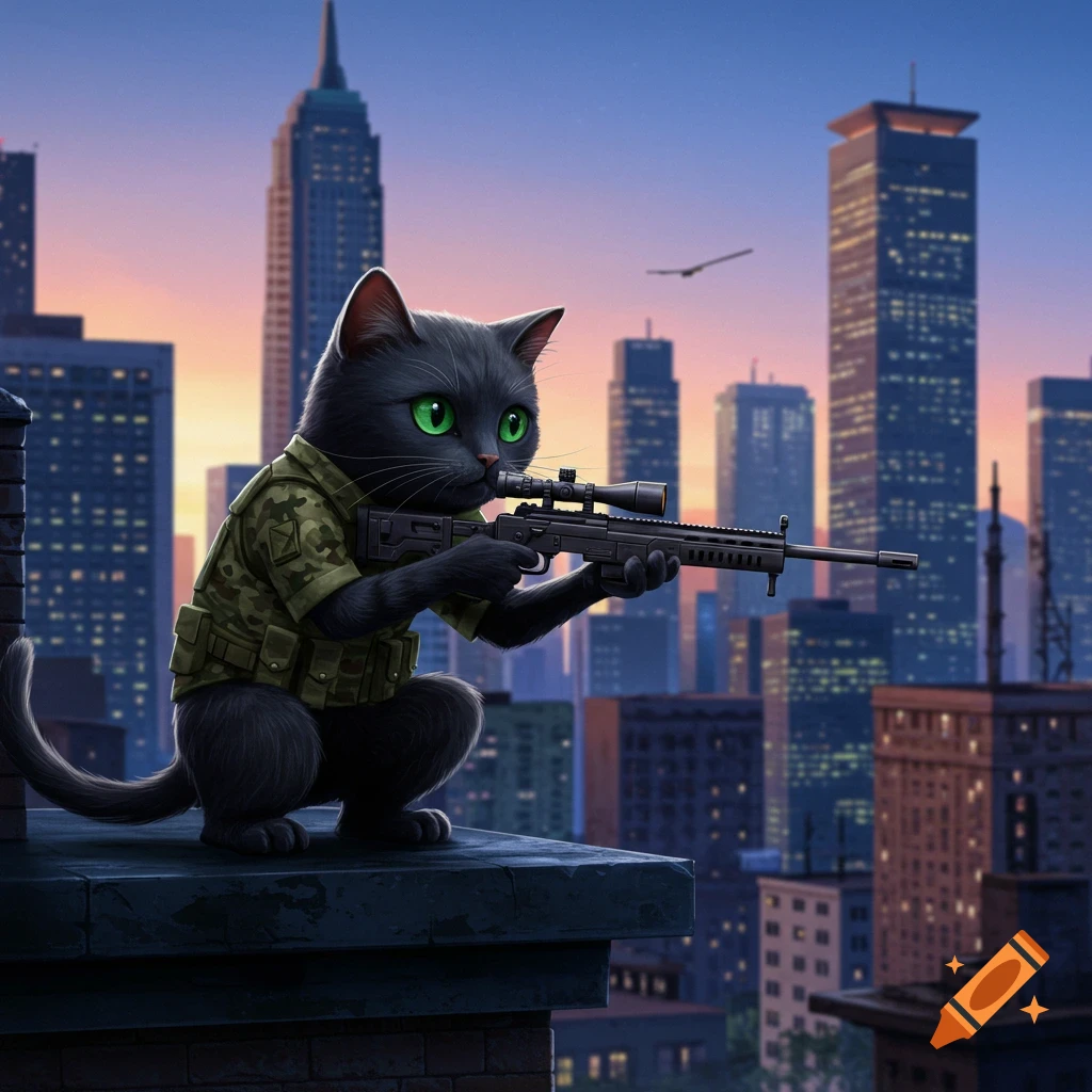 A black cat wearing military gear holds a sniper rifle on a rooftop overlooking a city at dusk.