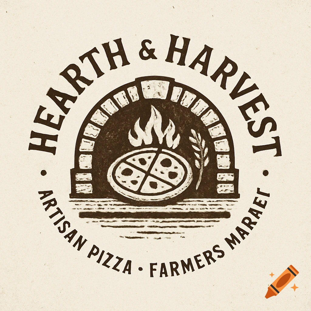 Rustic logo for Hearth & Harvest, featuring a pizza oven, pizza, and wheat stalk with surrounding text.