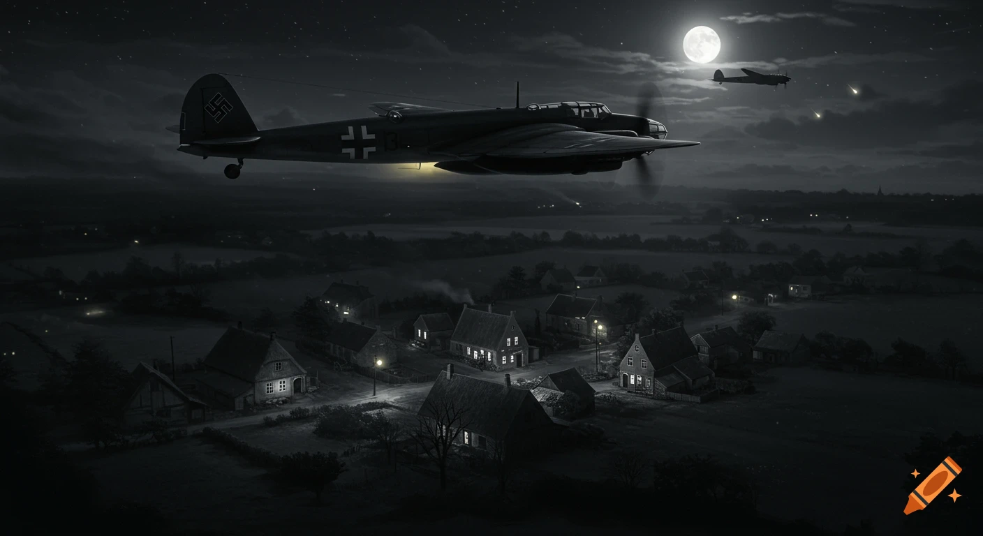 WWII bomber planes fly over a village at night under a full moon.