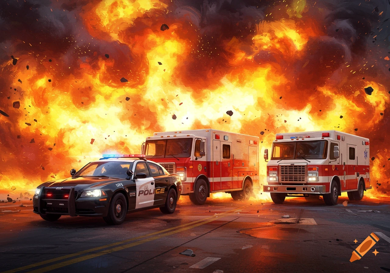 Police car and ambulances in front of a large explosion