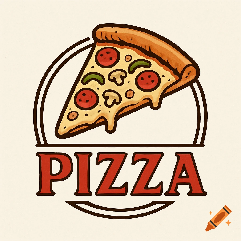 A stylized logo with a slice of pizza above the word PIZZA.