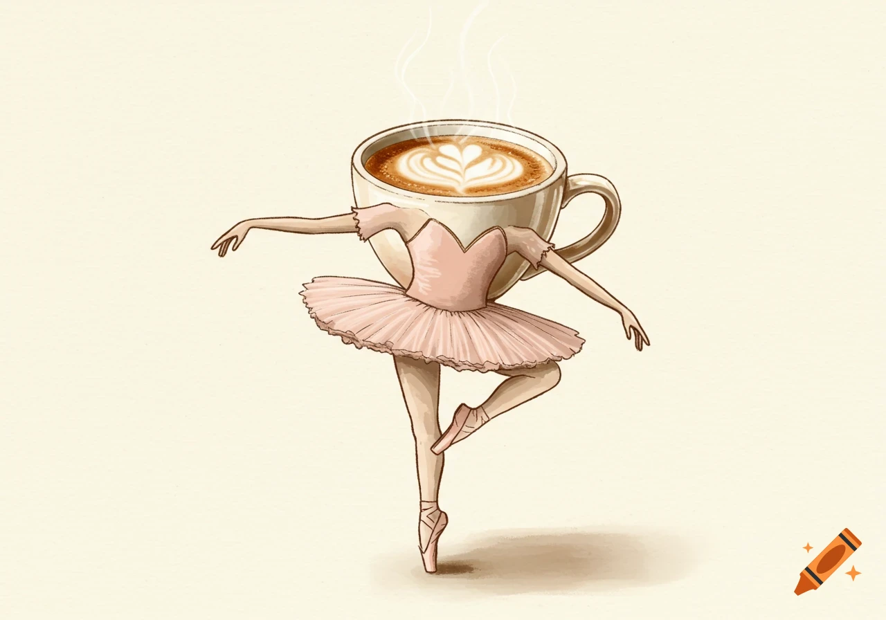 An illustration of a ballerina with a cappuccino cup for a head.