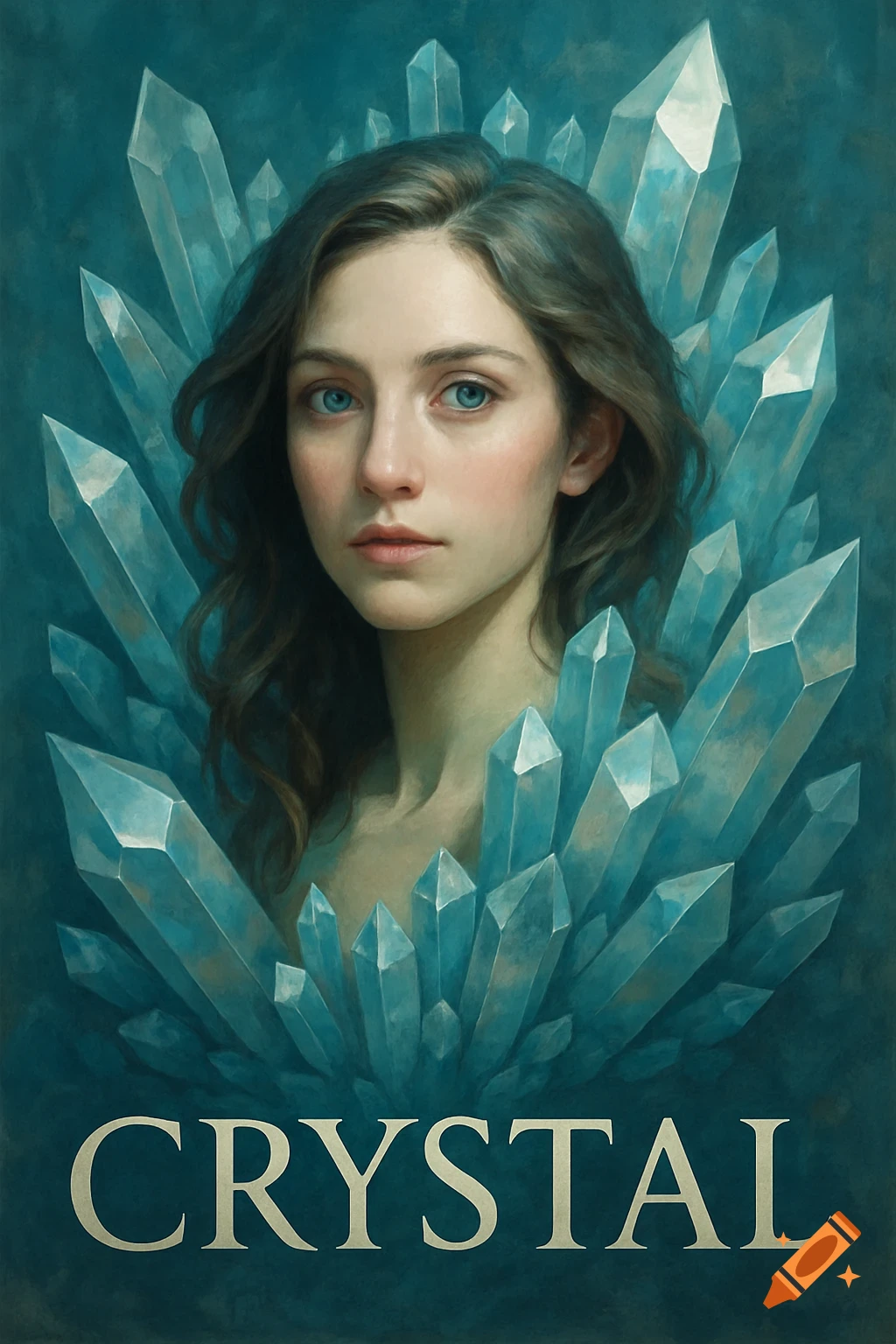 A woman's face surrounded by glowing blue crystals, with the word CRYSTAL below.