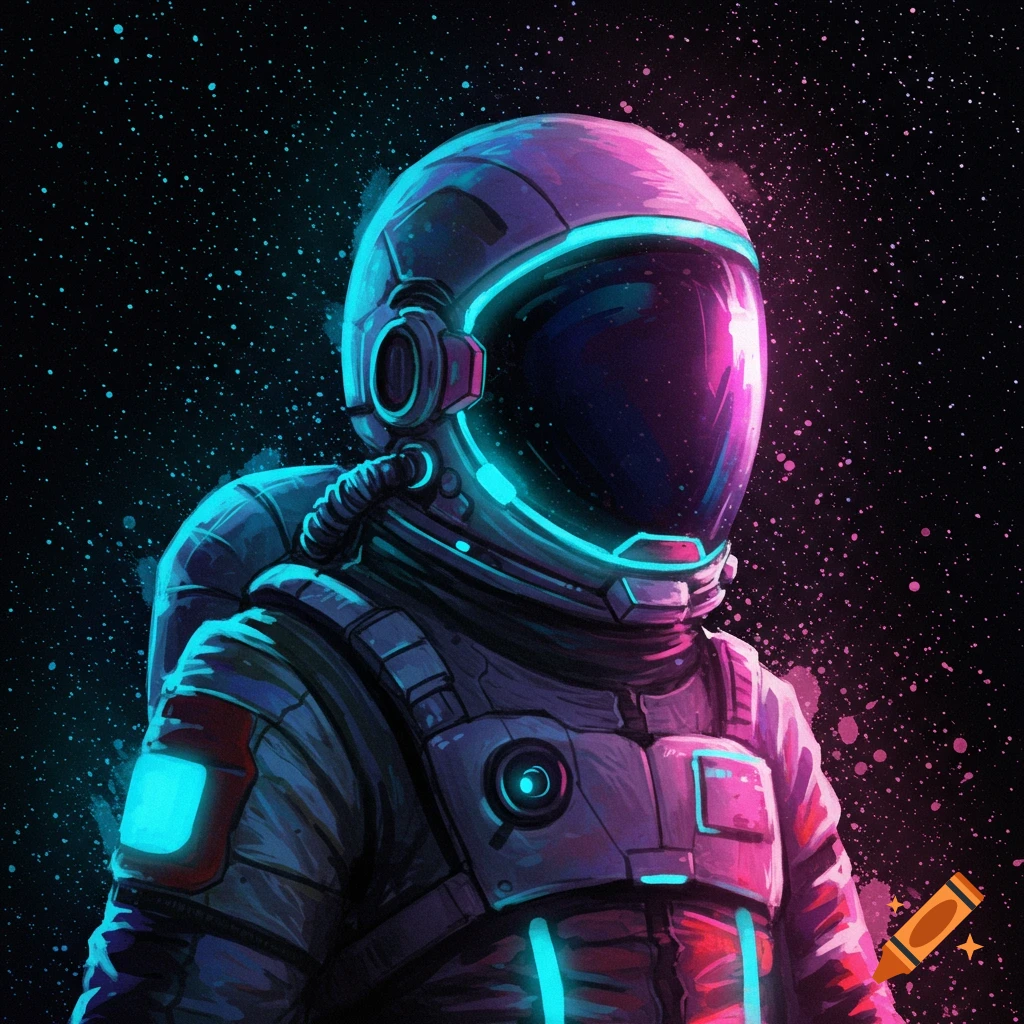 An astronaut in a suit with bright pink and blue neon lighting stands against a dark, starry space background.
