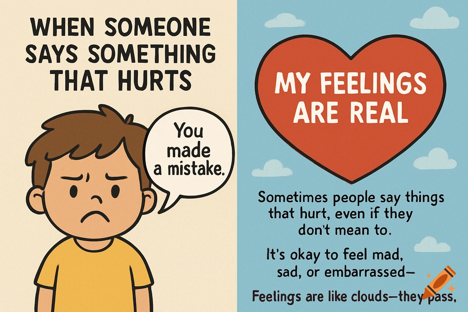 Cartoon illustration of a sad boy and a heart with text about feelings.