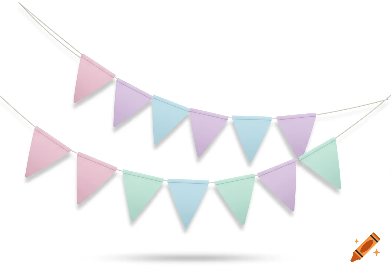 Two strings of pastel pink, purple, blue, and green pennant flags cast subtle shadows on a white background.