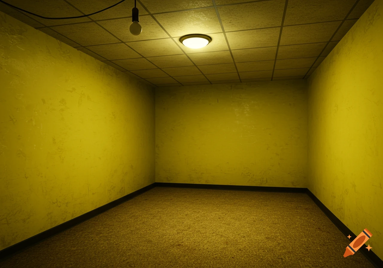 An empty yellow room with carpet and drop ceiling lit by ceiling lights.