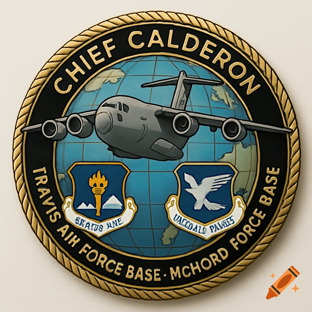 A challenge coin design featuring a large C-17 aircraft over a globe, with shields below, and text 'CHIEF CALDERON Travis Air Force Base McChord Force Base' around the border.