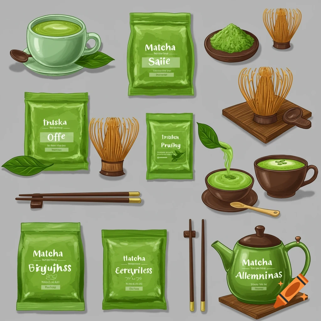 Cartoon illustration of various matcha tea items including cups, tea bags, whisks, chopsticks, and a teapot.