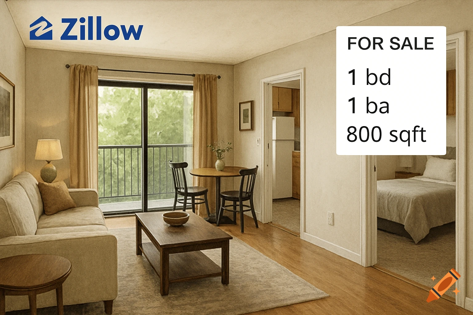 Apartment living room with furniture, balcony, kitchen, and bedroom visible. Zillow logo and listing details overlaid.