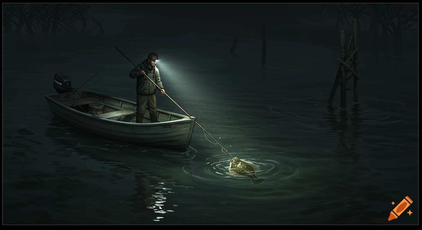 A man with a headlamp in a boat spears a fish at night.