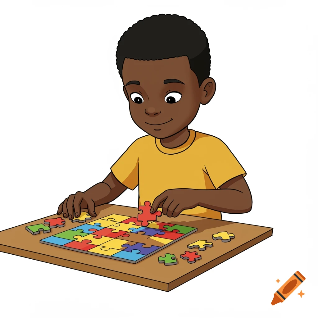 A cartoon illustration of a black boy with short hair doing a colorful puzzle on a table.