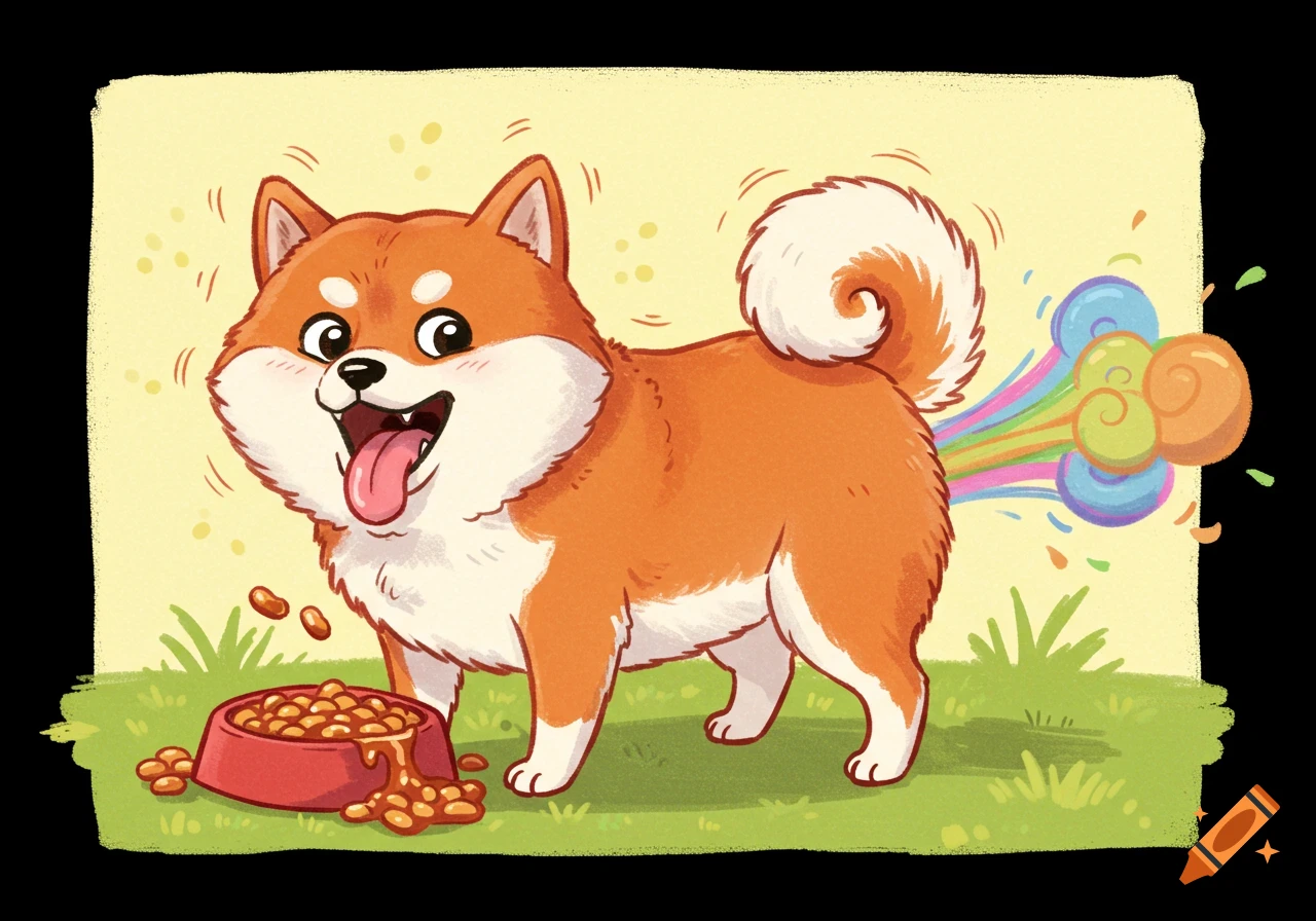 A cute cartoon shiba inu dog eats from a bowl and farts a rainbow.