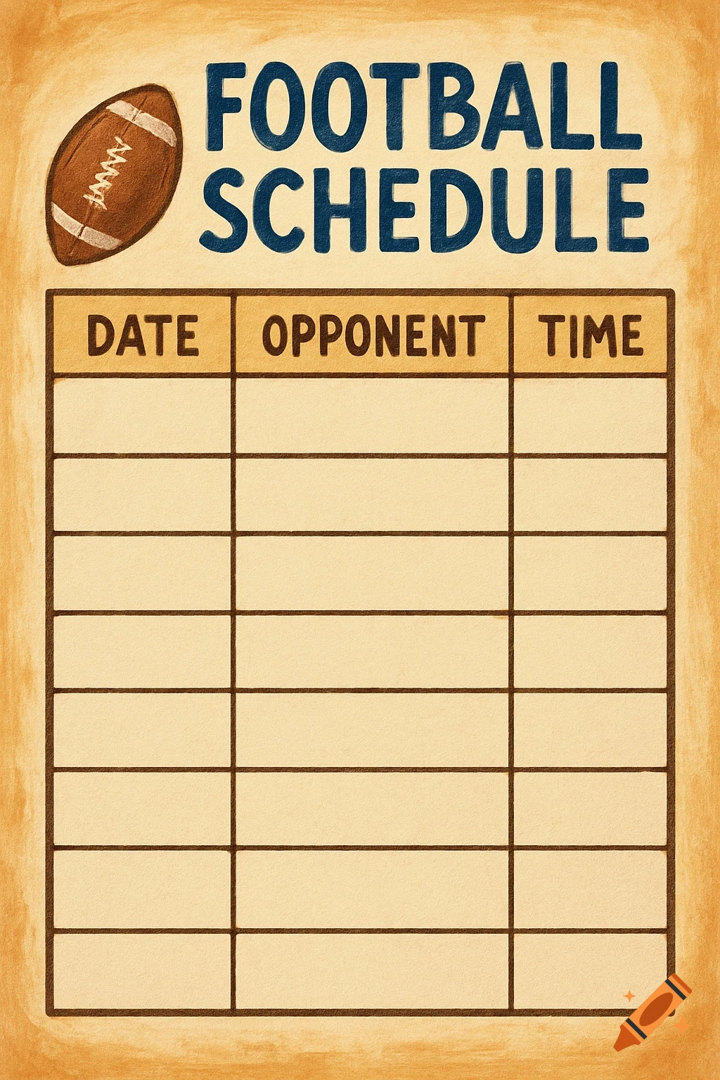 Illustrated football schedule template with a football graphic and spaces for date, opponent, and time.