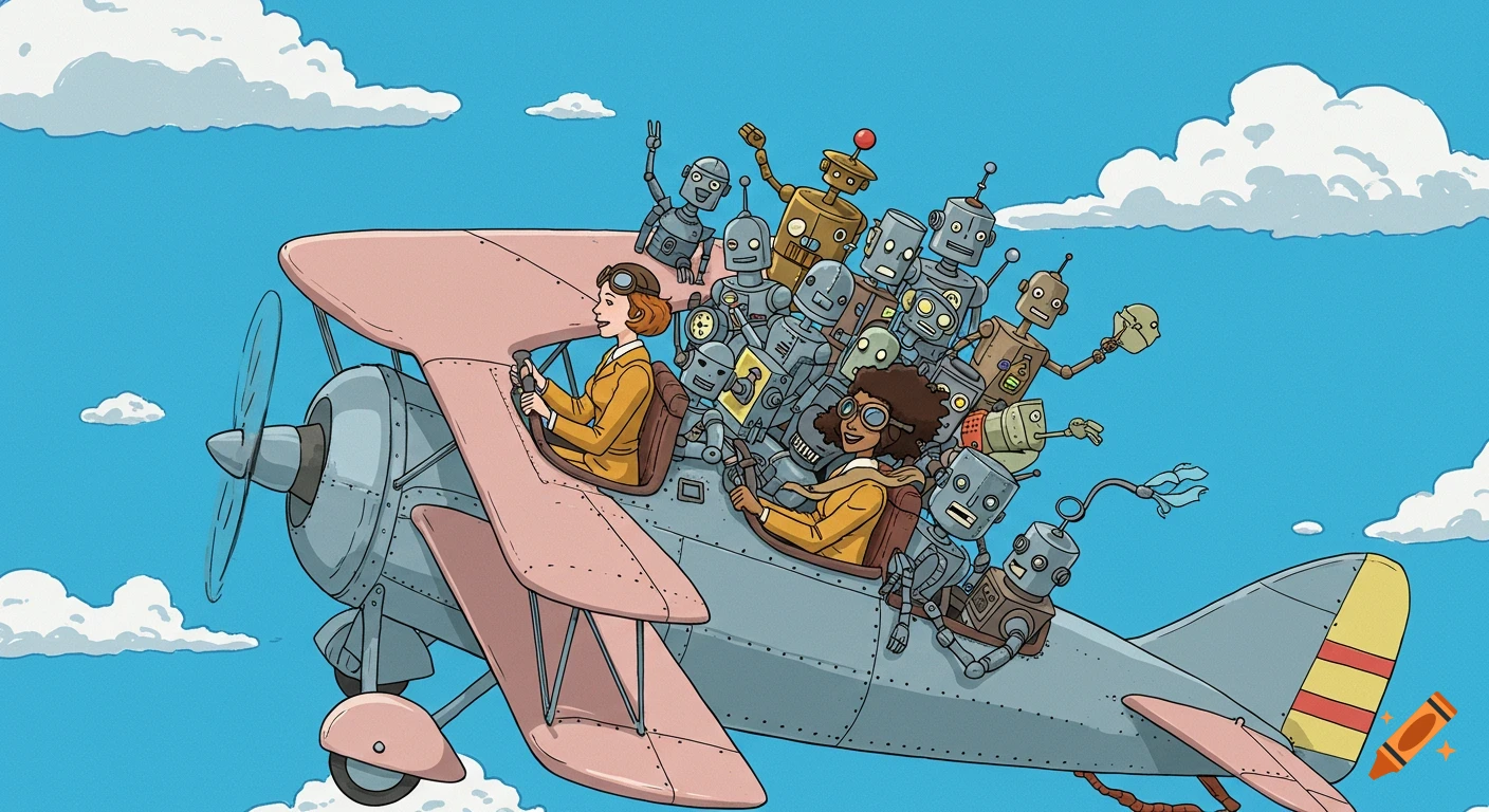 Cartoon illustration of two women pilots flying a plane packed with robots in the sky.