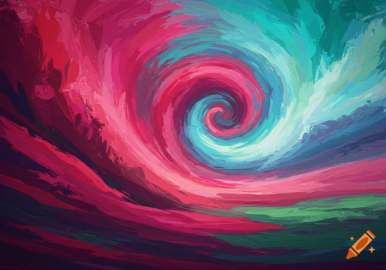 Abstract painting of a colorful swirling vortex with textured ...