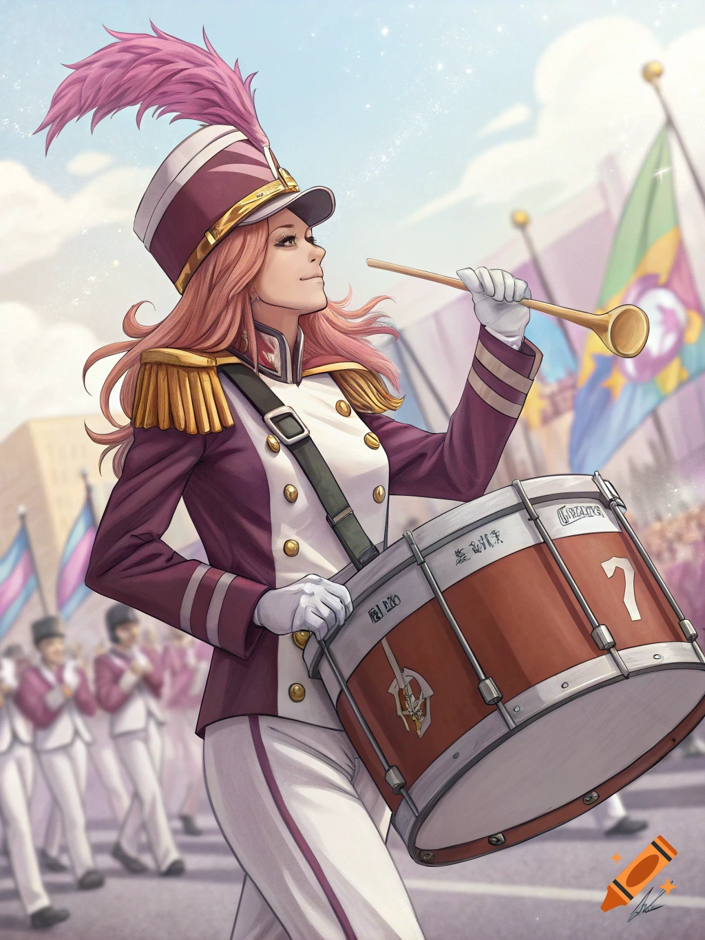 Anime illustration of a woman in a marching band uniform playing a bass drum in a parade.